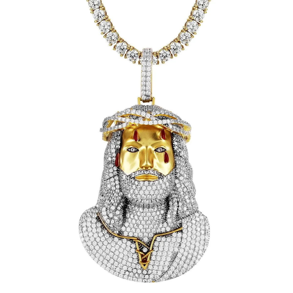 14K Gold Tone Holy Jesus Christ Bleeding Matte Face Pendant