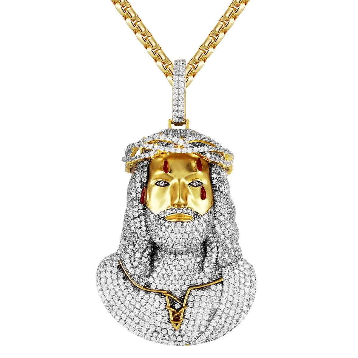 14K Gold Tone Holy Jesus Christ Bleeding Matte Face Pendant
