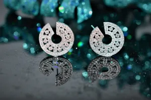14K White Gold Aztec Style Diamond Hoops with Round Diamonds