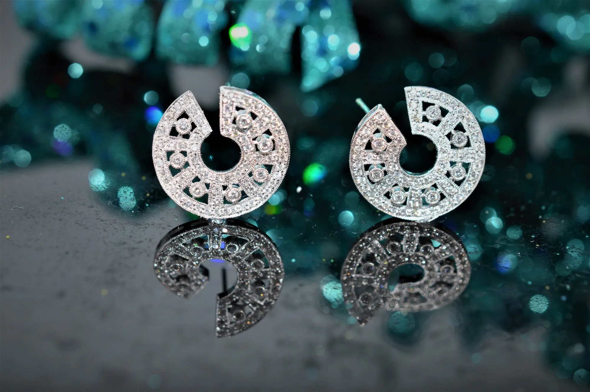 14K White Gold Aztec Style Diamond Hoops with Round Diamonds