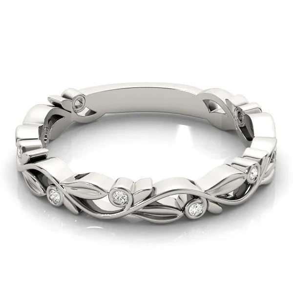14K White Gold Round Brilliant Diamond Accented Vine Inspired Wedding Ring (.06ctw)