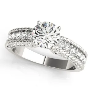 14K White Gold Round Brilliant Diamond Antique Inspired Twist Engagement Ring With Pave Accents