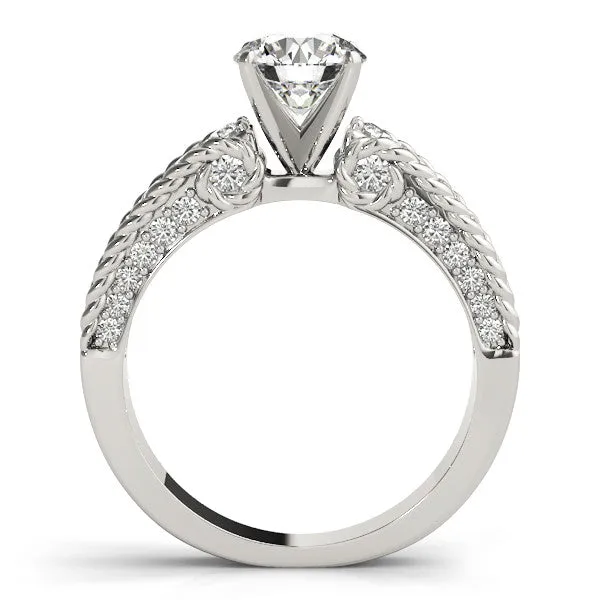 14K White Gold Round Brilliant Diamond Antique Inspired Twist Engagement Ring With Pave Accents