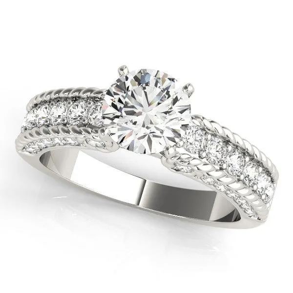 14K White Gold Round Brilliant Diamond Antique Inspired Twist Engagement Ring With Pave Accents