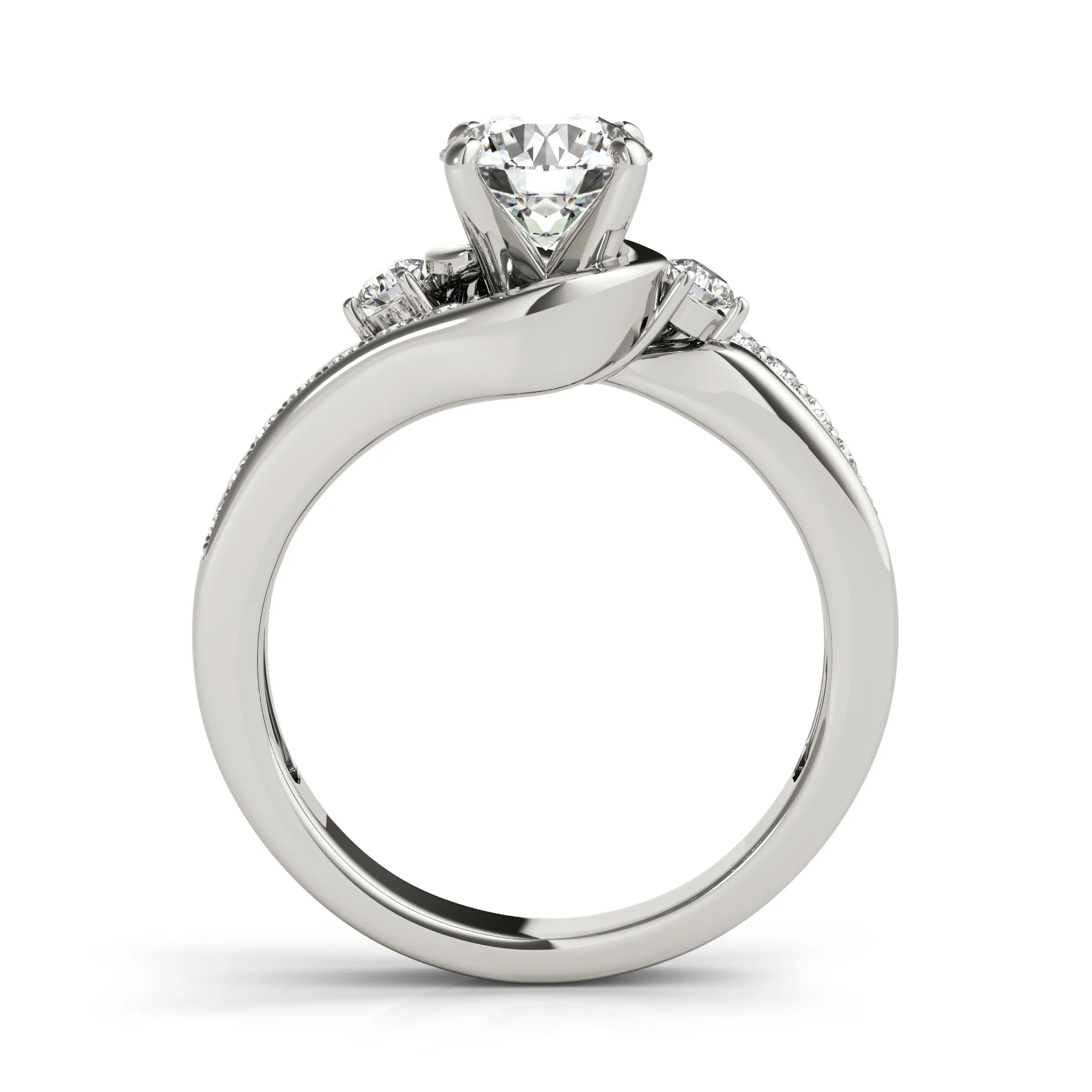 14K White Gold Round Brilliant Diamond Bypass Engagement Ring With Channel Set Diamond Accents
