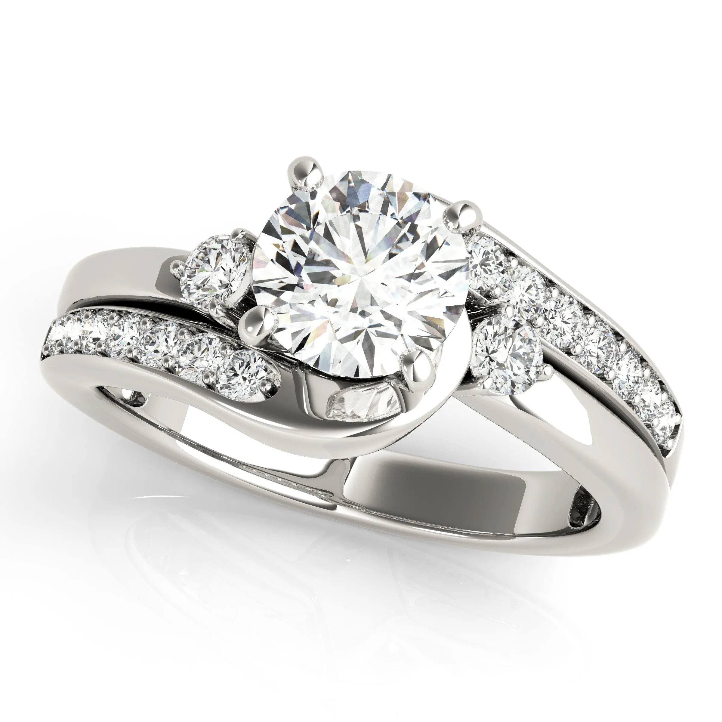 14K White Gold Round Brilliant Diamond Bypass Engagement Ring With Channel Set Diamond Accents