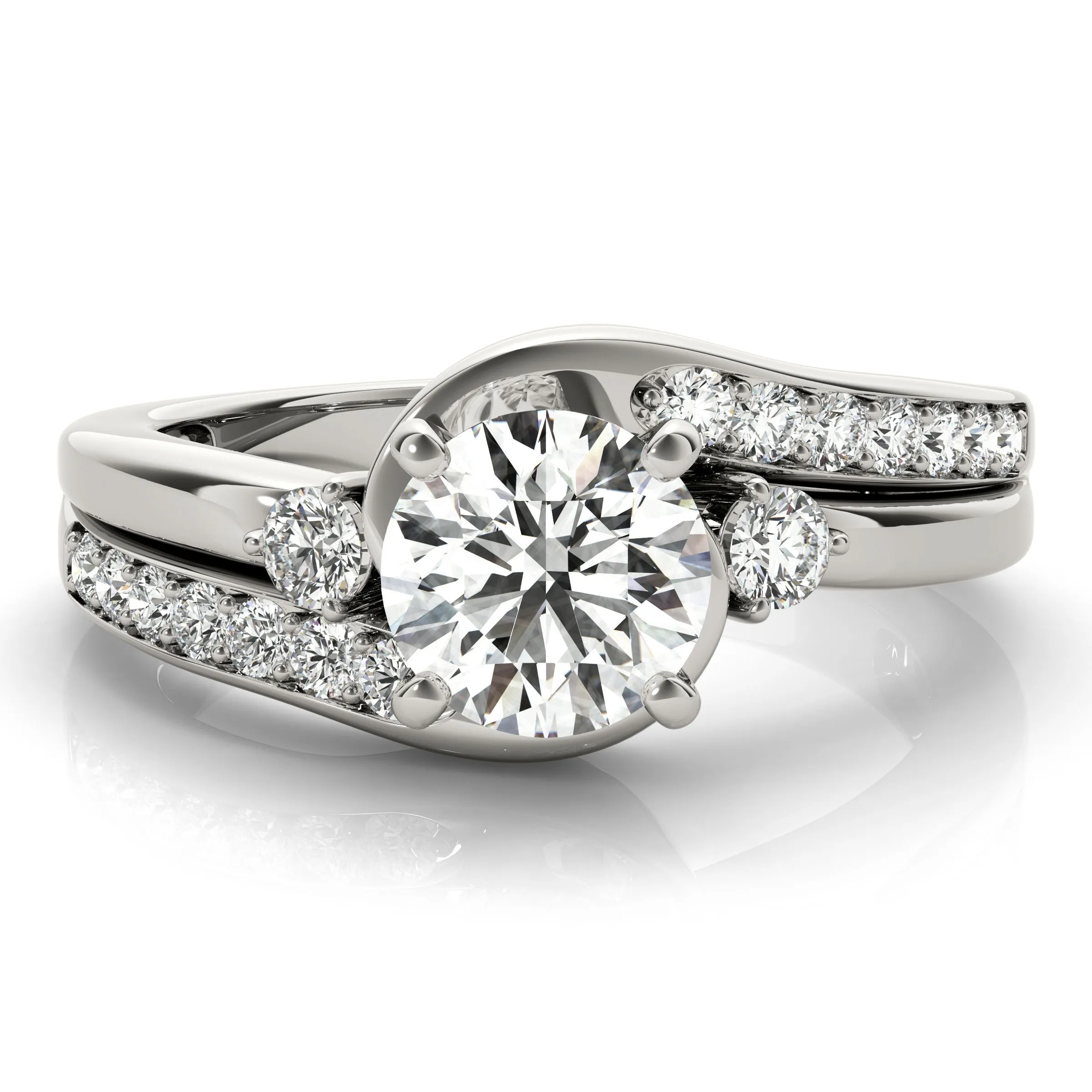 14K White Gold Round Brilliant Diamond Bypass Engagement Ring With Channel Set Diamond Accents