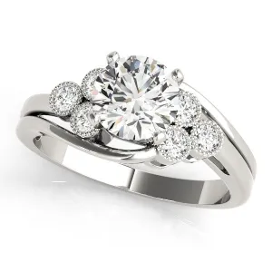 14K White Gold Round Brilliant Diamond Bypass Engagement Ring With Cluster Bead Basket Accents