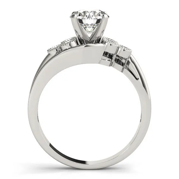 14K White Gold Round Brilliant Diamond Bypass Engagement Ring With Cluster Bead Basket Accents