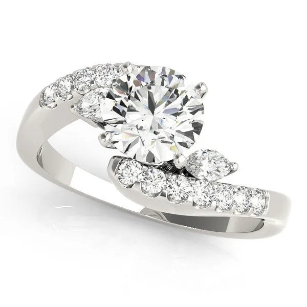 14K White Gold Round Brilliant Diamond Bypass Engagement Ring With Marquise and Pave Accents