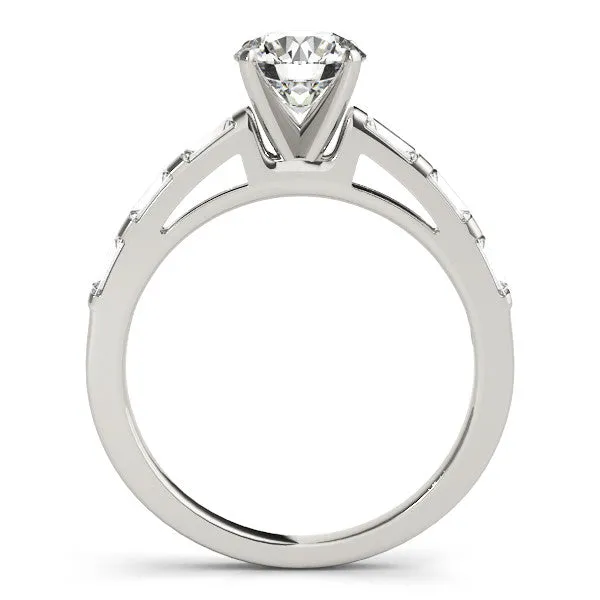 14K White Gold Round Brilliant Diamond Engagement Ring With Baguette Accents