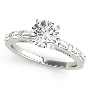 14K White Gold Round Brilliant Diamond Engagement Ring With Baguette Accents