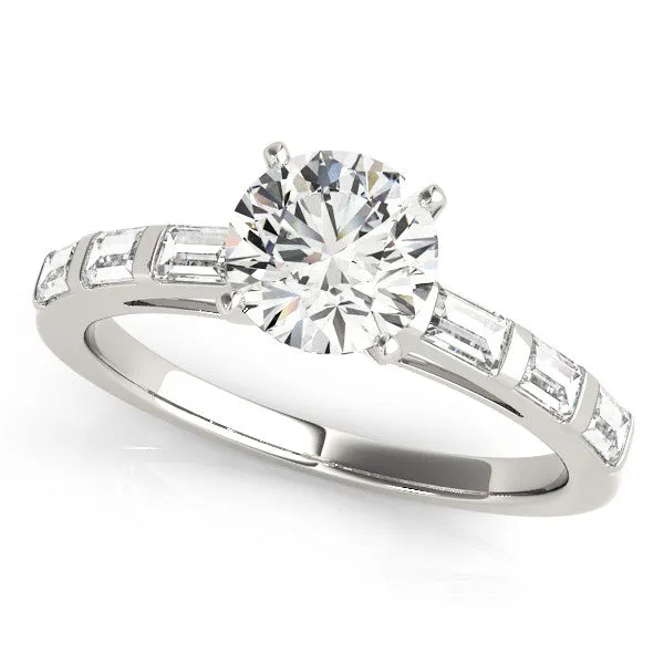 14K White Gold Round Brilliant Diamond Engagement Ring With Baguette Accents