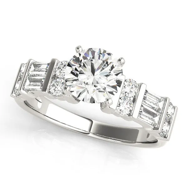 14K White Gold Round Brilliant Diamond Engagement Ring With Baguette And Round Accent Diamonds