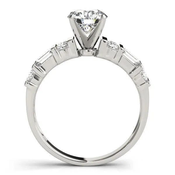 14K White Gold Round Brilliant Diamond Engagement Ring With Baguette And Round Accent Diamonds