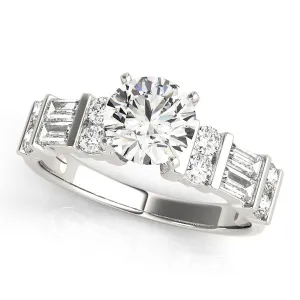 14K White Gold Round Brilliant Diamond Engagement Ring With Baguette And Round Accent Diamonds