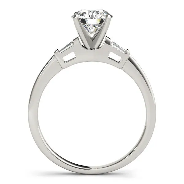 14K White Gold Round Brilliant Diamond Engagement Ring With Baguette Side Accents