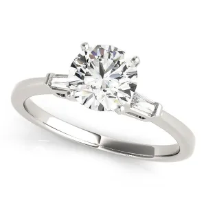 14K White Gold Round Brilliant Diamond Engagement Ring With Baguette Side Accents