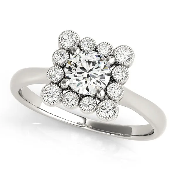 14K White Gold Round Brilliant Diamond Engagement Ring With Beaded Bezel Set Square Halo (1.20ctw)