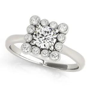 14K White Gold Round Brilliant Diamond Engagement Ring With Beaded Bezel Set Square Halo (1.20ctw)
