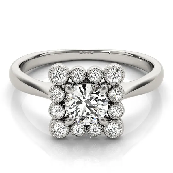 14K White Gold Round Brilliant Diamond Engagement Ring With Beaded Bezel Set Square Halo (1.20ctw)