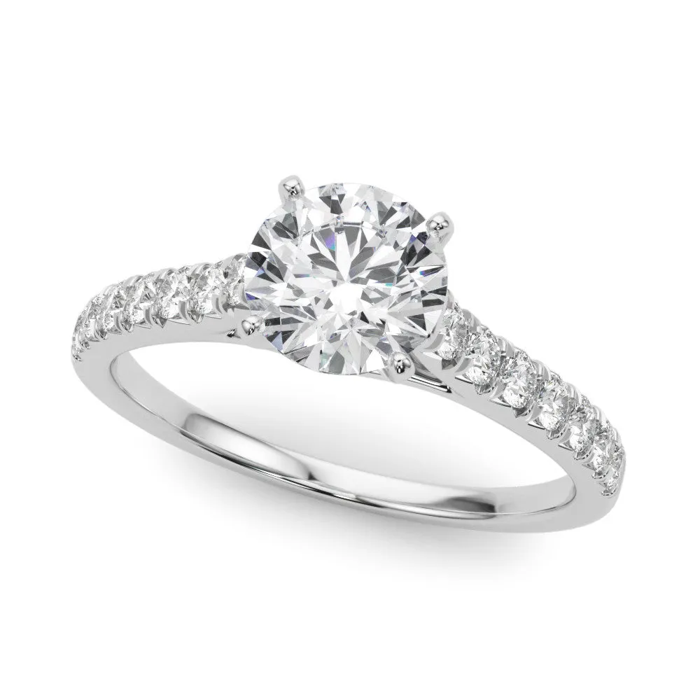 14K White Gold Round Brilliant Diamond Engagement Ring With French Pave Accent Diamonds