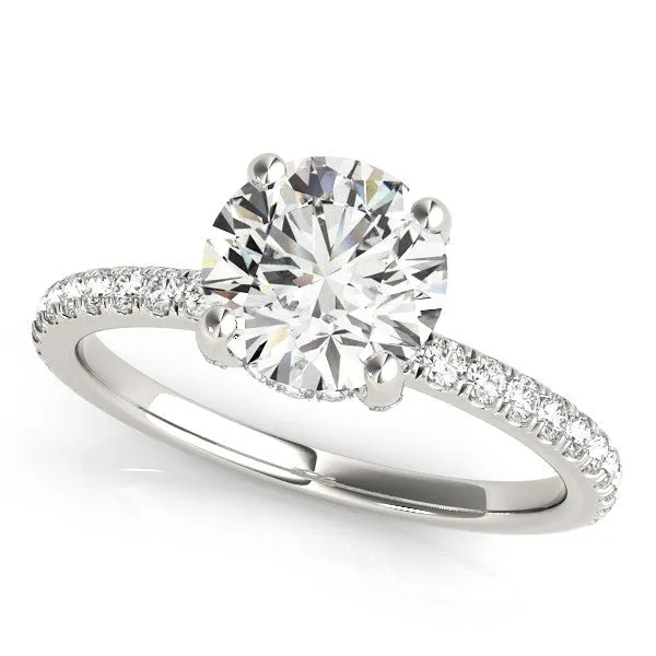 14K White Gold Round Brilliant Diamond Engagement Ring With Pave Accents And Hidden Halo