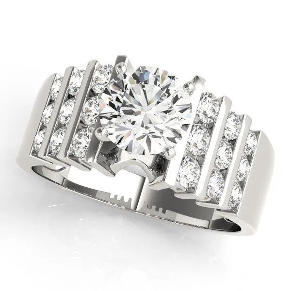 14K White Gold Round Brilliant Diamond Engagement Ring With Verticle Channel Accents