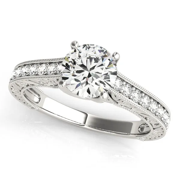 14K White Gold Round Brilliant Diamond Engagement With Beaded Channel Set Diamond Accents (1.25ctw)