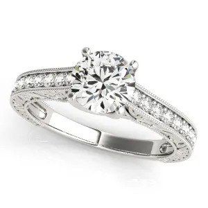 14K White Gold Round Brilliant Diamond Engagement With Beaded Channel Set Diamond Accents (1.25ctw)