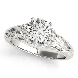14K White Gold Round Brilliant Diamond Floral Inspired Engagement Ring With Pave Diamond Accents