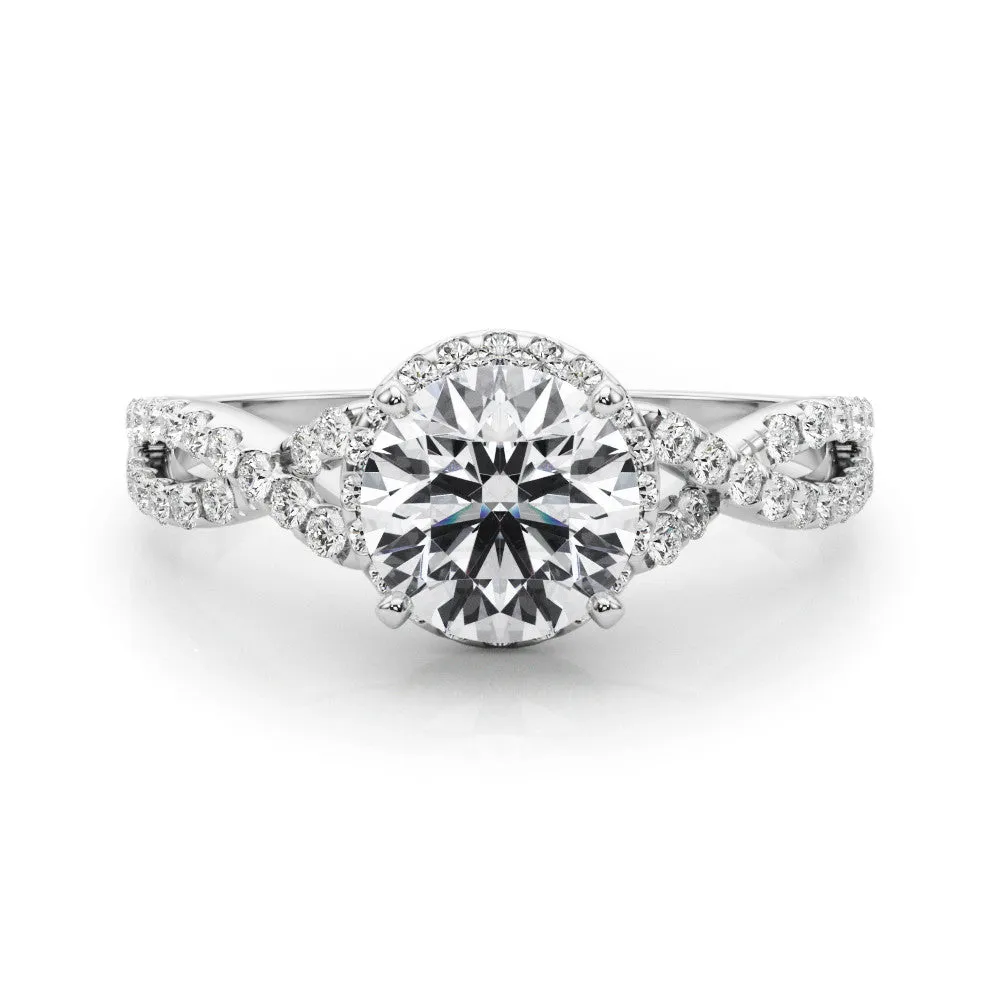 14K White Gold Round Brilliant Diamond Halo Engagement Ring With Pave Accented Infinity Sides