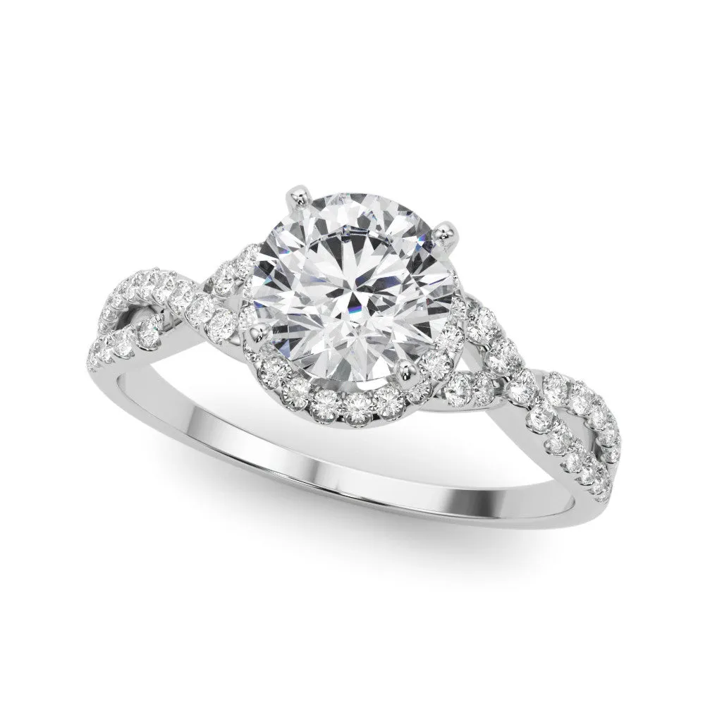 14K White Gold Round Brilliant Diamond Halo Engagement Ring With Pave Accented Infinity Sides
