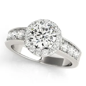 14K White Gold Round Brilliant Diamond Halo Engagement Ring With Pave Accents