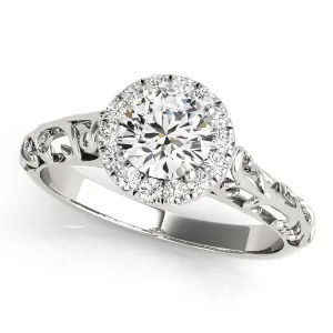 14K White Gold Round Brilliant Diamond Halo Engagement Ring With Scalloped Shank (1.10ctw)