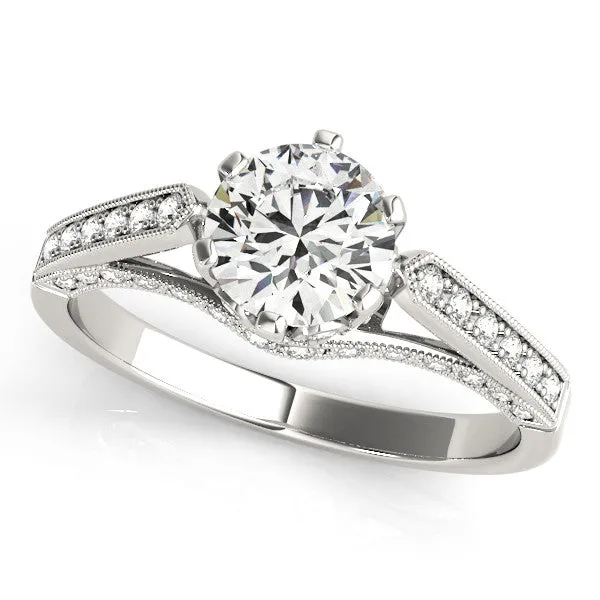 14K White Gold Round Brilliant Diamond Hidden Halo Engagement Ring With Beaded Channel Set Accents