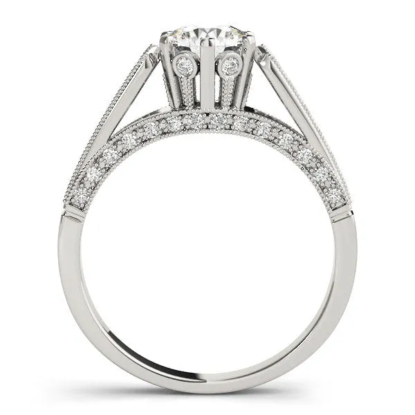 14K White Gold Round Brilliant Diamond Hidden Halo Engagement Ring With Beaded Channel Set Accents