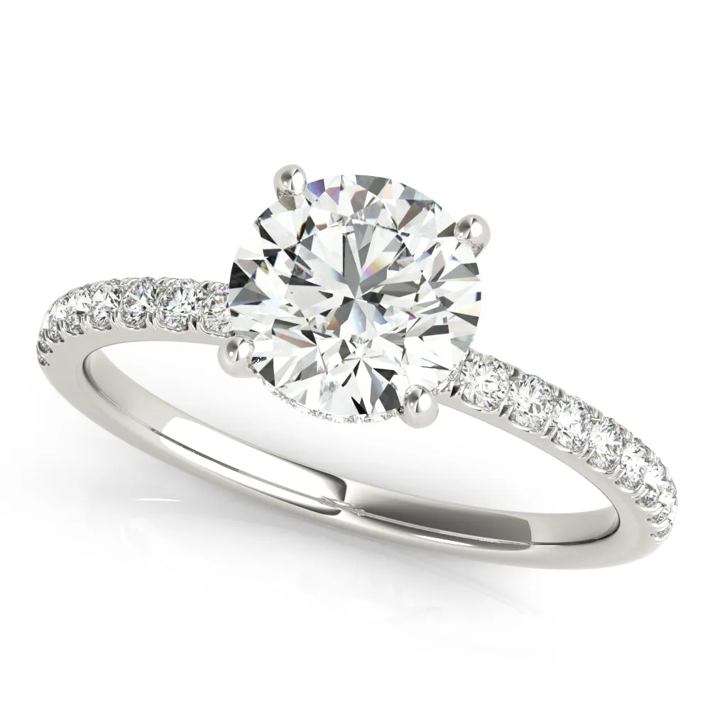 14K White Gold Round Brilliant Diamond Hidden Halo Engagement Ring With Pave Shank