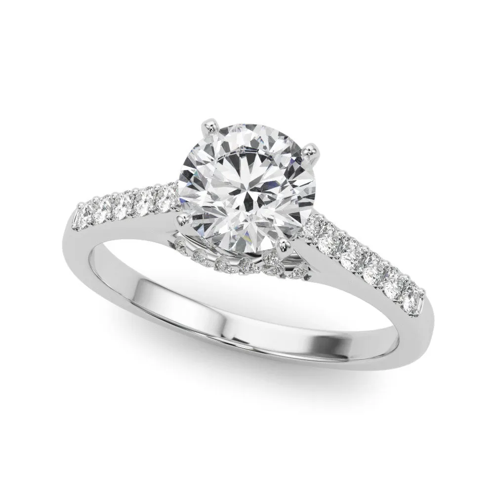 14K White Gold Round Brilliant Diamond High Shoulder Engagement Ring With Hidden Crossed Pave Accents