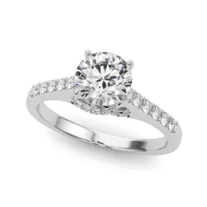 14K White Gold Round Brilliant Diamond High Shoulder Engagement Ring With Hidden Crossed Pave Accents