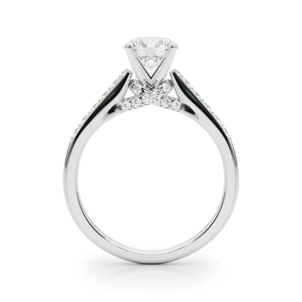 14K White Gold Round Brilliant Diamond High Shoulder Engagement Ring With Hidden Crossed Pave Accents