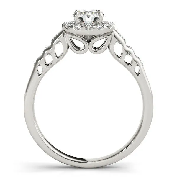 14K White Gold Round Brilliant Diamond Hollow Leaf Halo Engagement Ring With Channel Set Accents