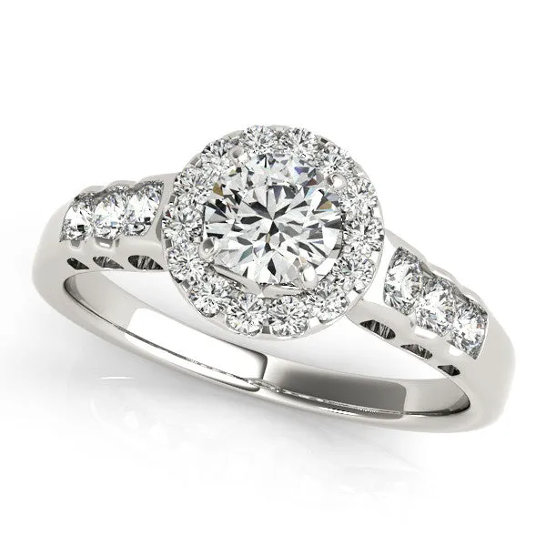 14K White Gold Round Brilliant Diamond Hollow Leaf Halo Engagement Ring With Channel Set Accents