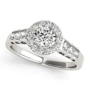 14K White Gold Round Brilliant Diamond Hollow Leaf Halo Engagement Ring With Channel Set Accents