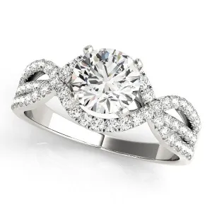 14K White Gold Round Brilliant Diamond Modern Twist Engagement Ring With Pave Accents