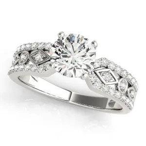 14K White Gold Round Brilliant Diamond Multi-Cut Vintage Inspired Engagement Ring With Pave Accents