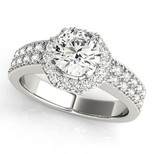 14K White Gold Round Brilliant Diamond Octogon Halo Engagement Ring With Double Pave Accents