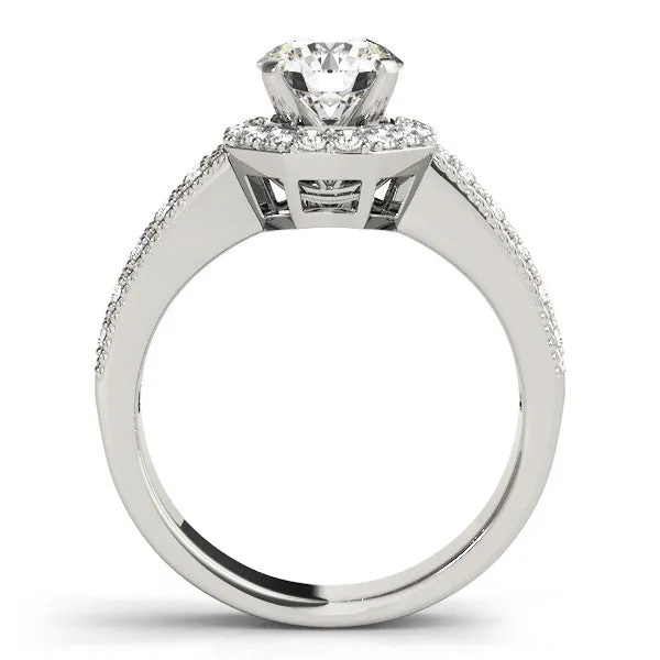 14K White Gold Round Brilliant Diamond Octogon Halo Engagement Ring With Double Pave Accents