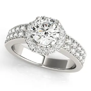 14K White Gold Round Brilliant Diamond Octogon Halo Engagement Ring With Double Pave Accents