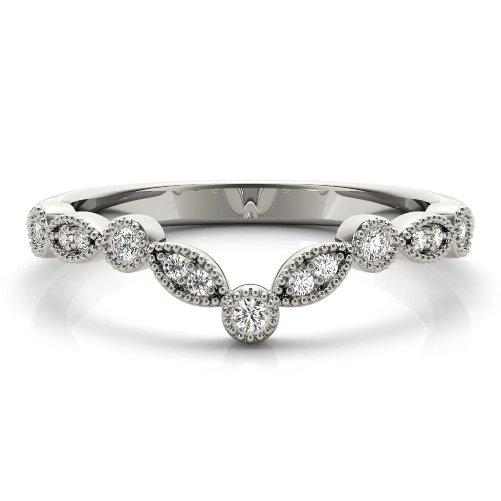 14K White Gold Round Brilliant Diamond Scalloped Curved Wedding Ring (.15ctw)